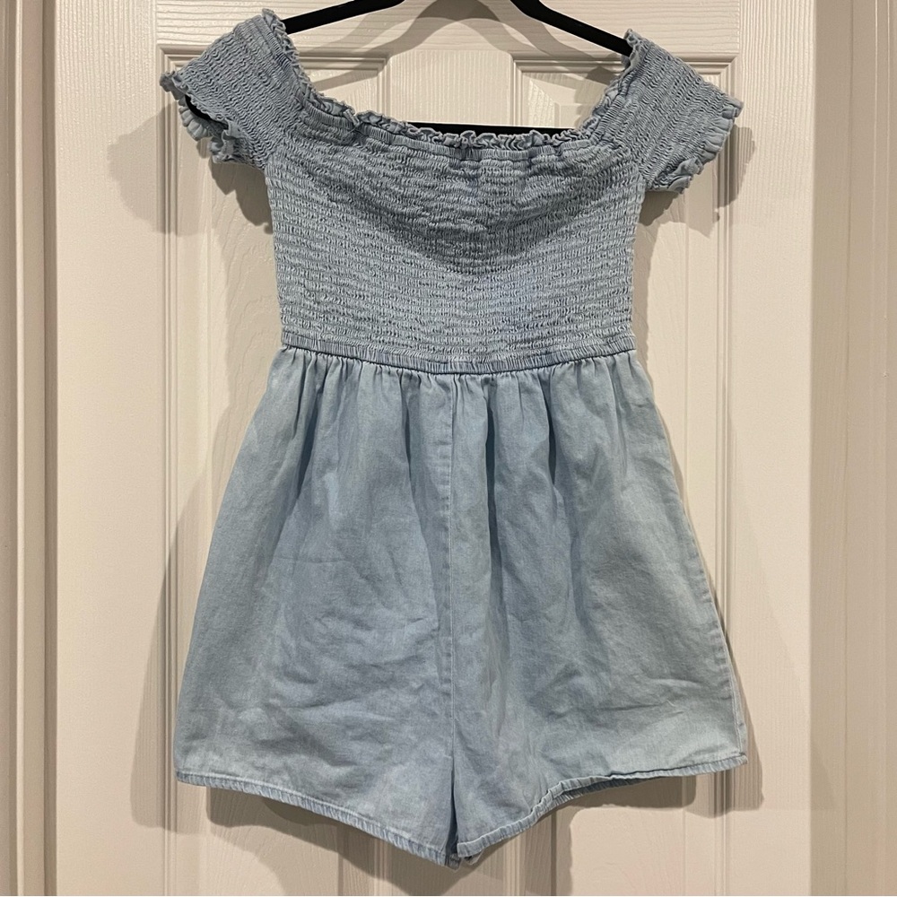 Baby Blue Romper Ruched Top Love Tree Off the Shoulder